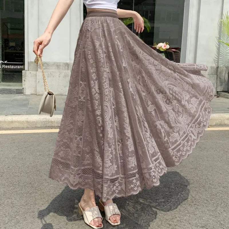 Floral Lace Maxi Skirt | Korean A-Line High Waist Skirt for Women