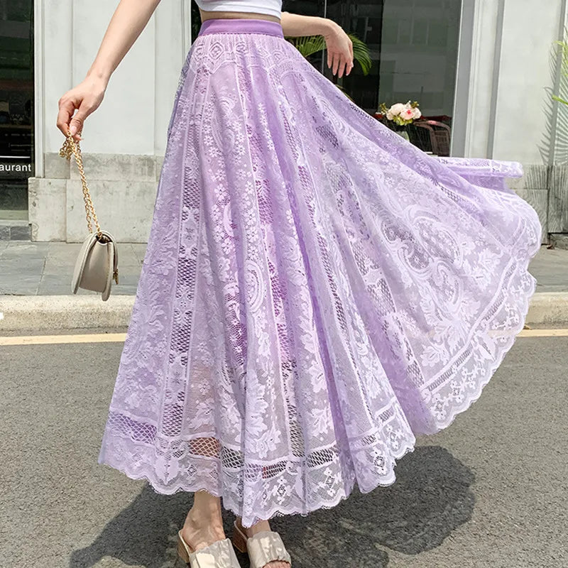 Floral Lace Maxi Skirt | Korean A-Line High Waist Skirt for Women
