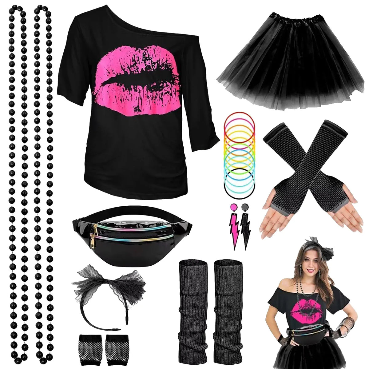 Women's 80s 90s Hippie Costume Set – Disco Halloween Carnival Outfit