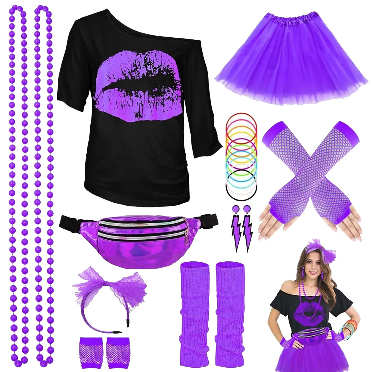 Women's 80s 90s Hippie Costume Set – Disco Halloween Carnival Outfit