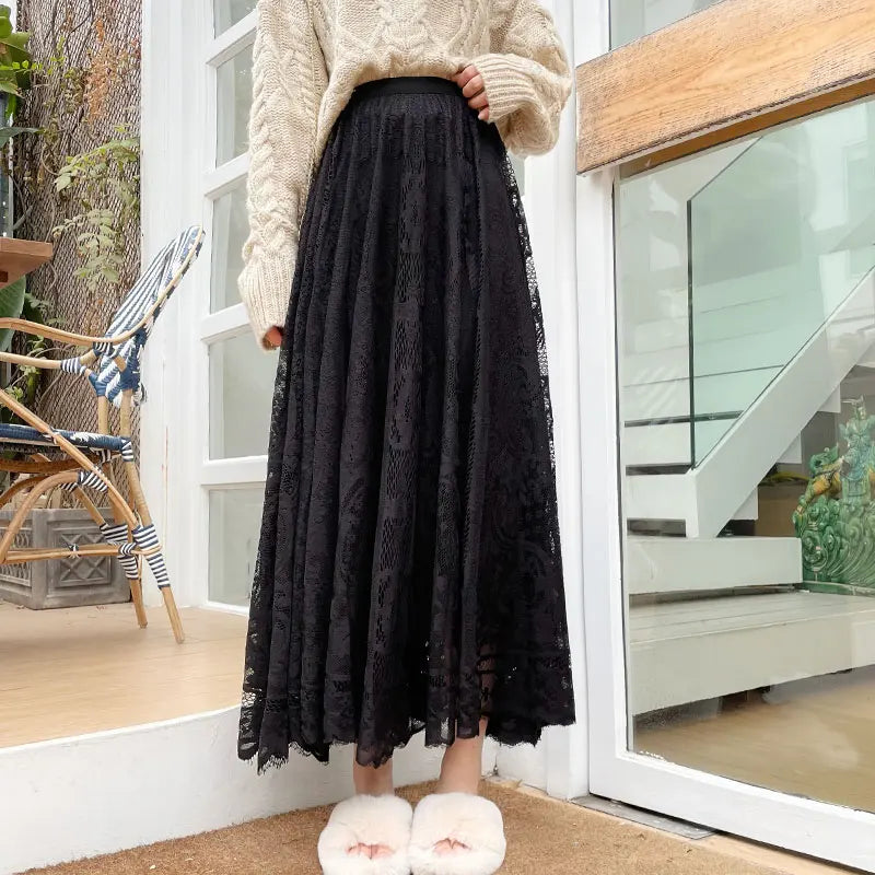 Floral Lace Maxi Skirt | Korean A-Line High Waist Skirt for Women