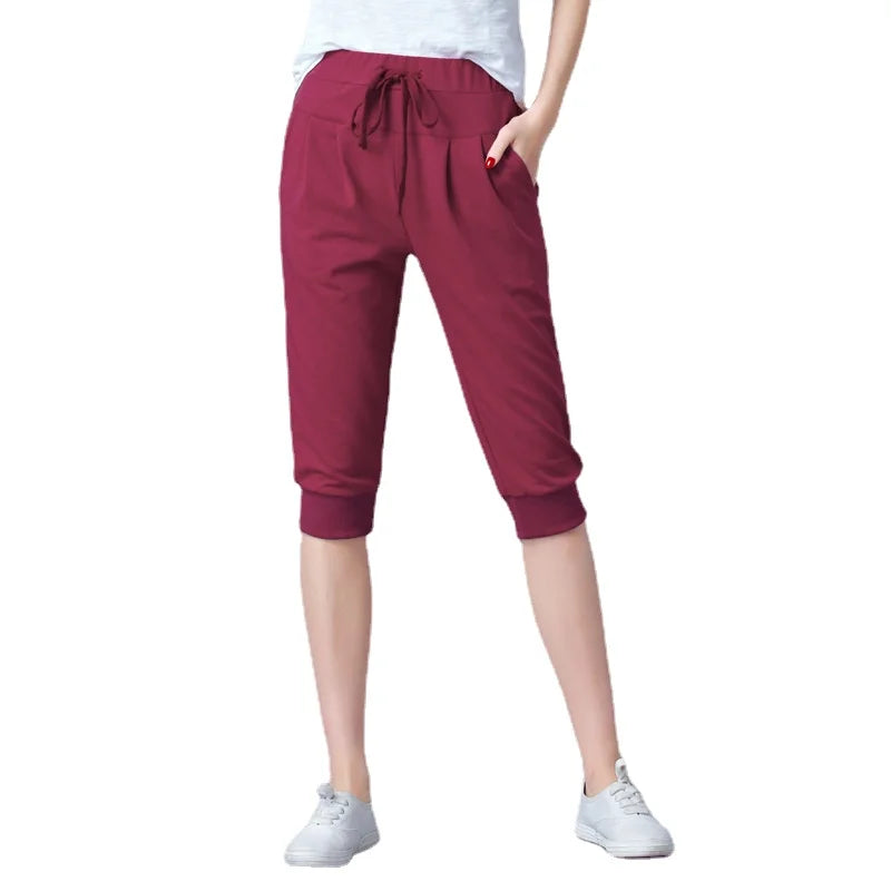 Dark Red image – Women's dark red high waist harem jogger pants – elastic waist loose summer trousers