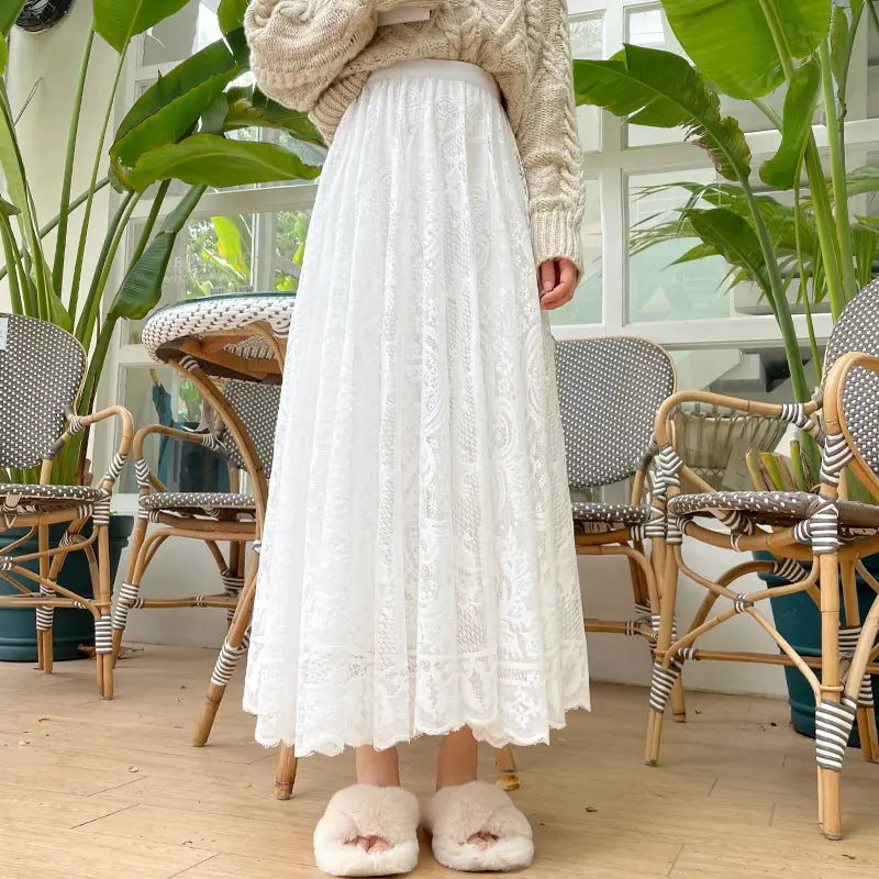 Floral Lace Maxi Skirt | Korean A-Line High Waist Skirt for Women