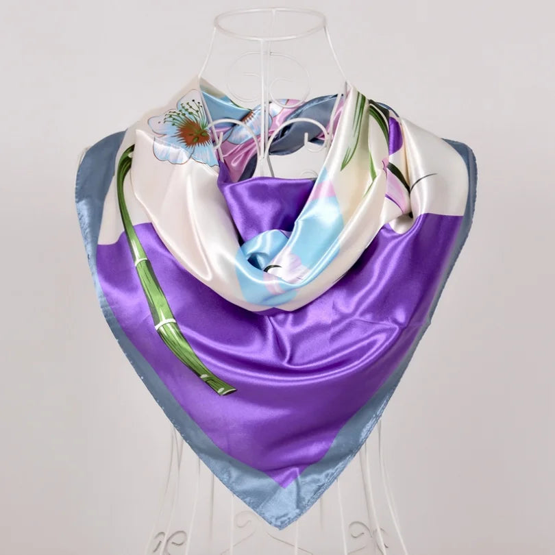 Women's Chinese Rose Satin Square Scarf – 90×90cm Silk-Style Headwrap