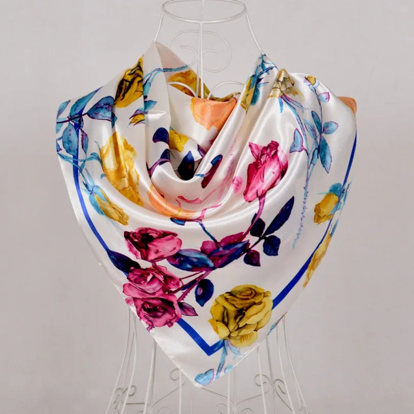 Women's Chinese Rose Satin Square Scarf – 90×90cm Silk-Style Headwrap