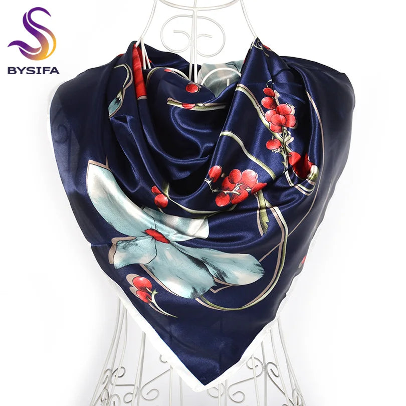Women's Chinese Rose Satin Square Scarf – 90×90cm Silk-Style Headwrap