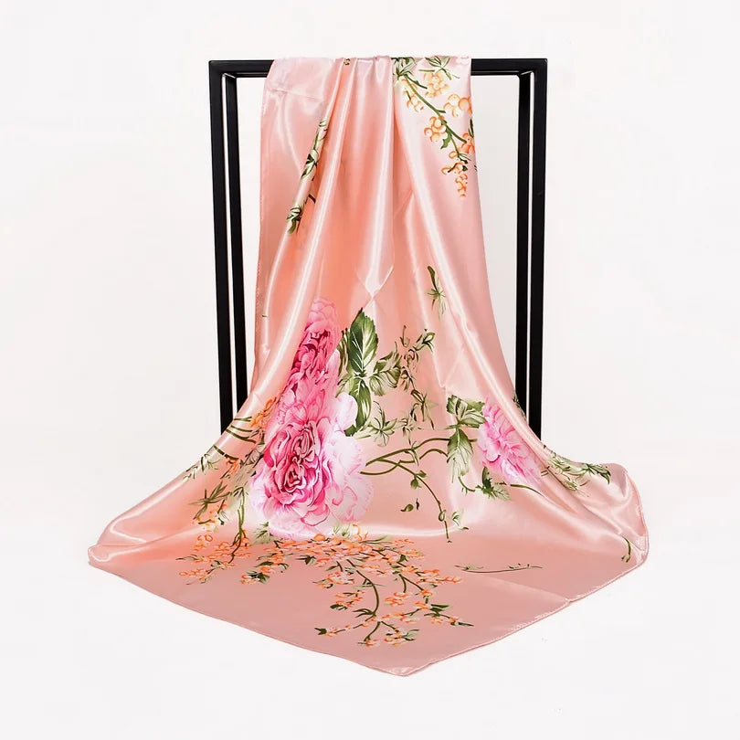 Women's Chinese Rose Satin Square Scarf – 90×90cm Silk-Style Headwrap