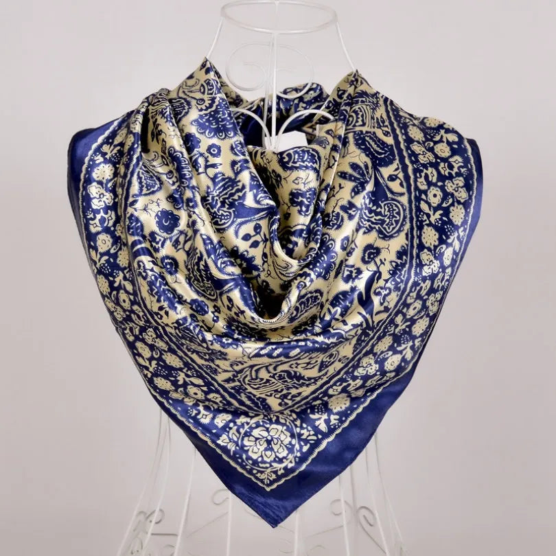 Women's Chinese Rose Satin Square Scarf – 90×90cm Silk-Style Headwrap