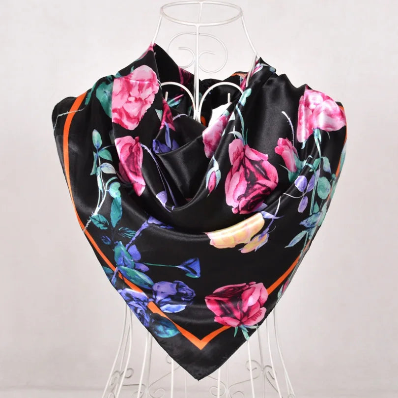 Women's Chinese Rose Satin Square Scarf – 90×90cm Silk-Style Headwrap