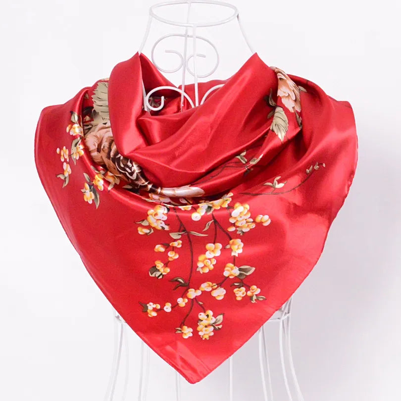 Women's Chinese Rose Satin Square Scarf – 90×90cm Silk-Style Headwrap