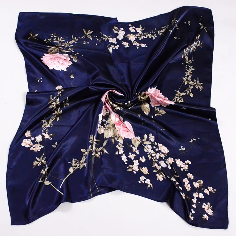 Women's Chinese Rose Satin Square Scarf – 90×90cm Silk-Style Headwrap