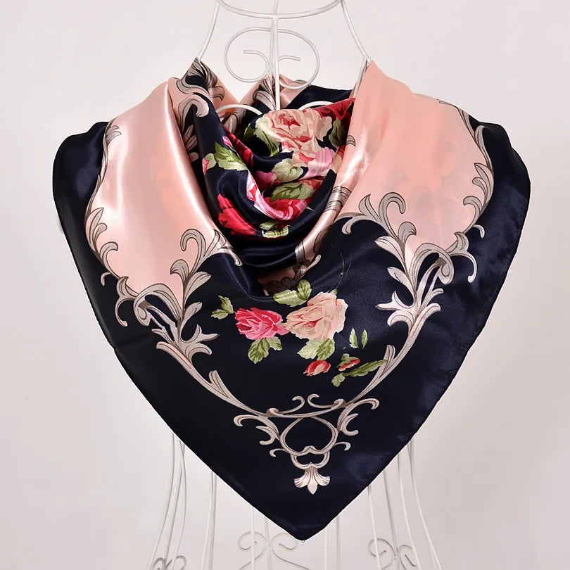Women's Chinese Rose Satin Square Scarf – 90×90cm Silk-Style Headwrap