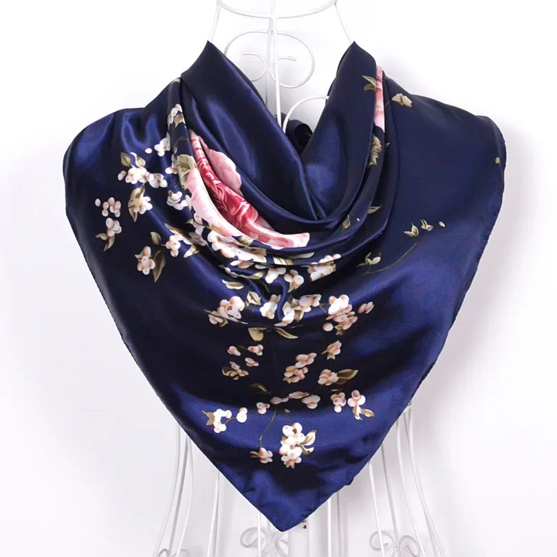 Women's Chinese Rose Satin Square Scarf – 90×90cm Silk-Style Headwrap