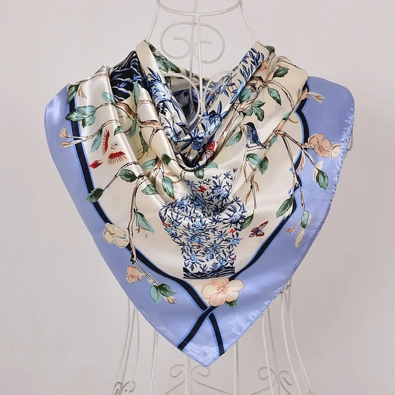 Women's Chinese Rose Satin Square Scarf – 90×90cm Silk-Style Headwrap