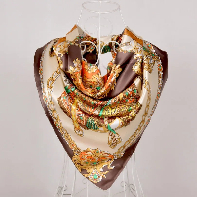 Women's Chinese Rose Satin Square Scarf – 90×90cm Silk-Style Headwrap
