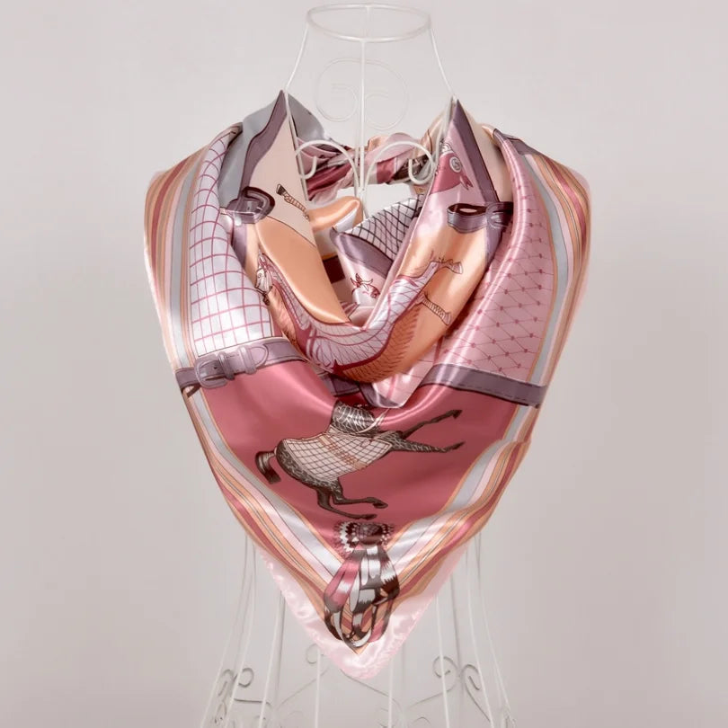 Women's Chinese Rose Satin Square Scarf – 90×90cm Silk-Style Headwrap