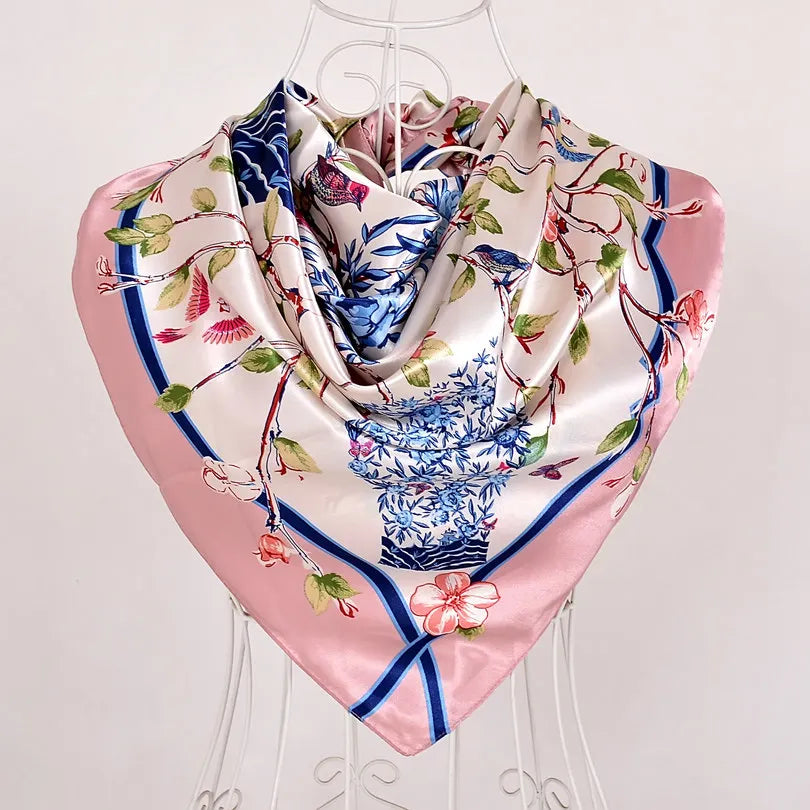 Women's Chinese Rose Satin Square Scarf – 90×90cm Silk-Style Headwrap