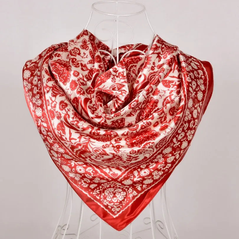 Women's Chinese Rose Satin Square Scarf – 90×90cm Silk-Style Headwrap