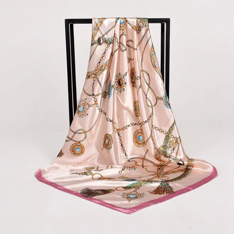 Women's Chinese Rose Satin Square Scarf – 90×90cm Silk-Style Headwrap
