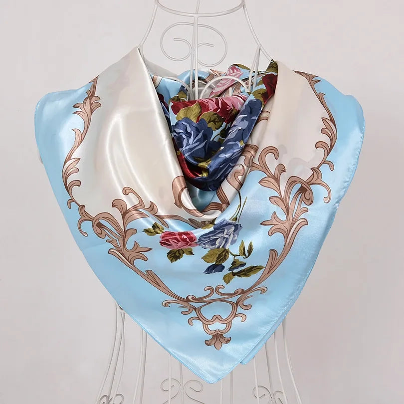 Women's Chinese Rose Satin Square Scarf – 90×90cm Silk-Style Headwrap