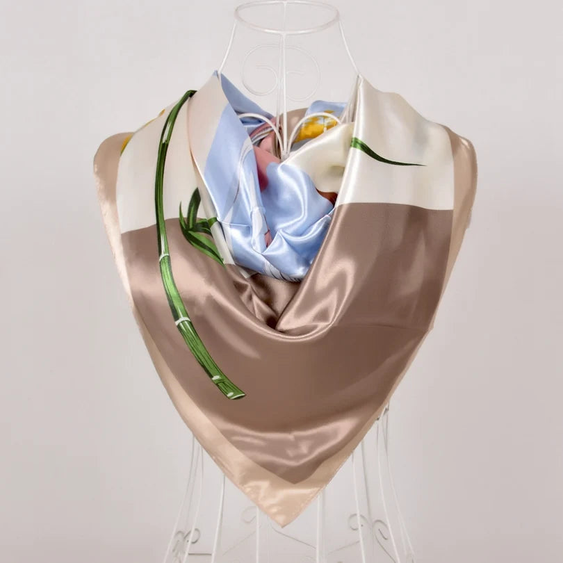Women's Chinese Rose Satin Square Scarf – 90×90cm Silk-Style Headwrap