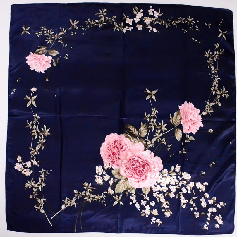 Women's Chinese Rose Satin Square Scarf – 90×90cm Silk-Style Headwrap