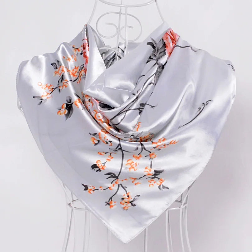 Women's Chinese Rose Satin Square Scarf – 90×90cm Silk-Style Headwrap