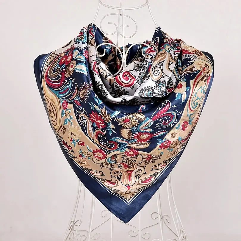 Women's Chinese Rose Satin Square Scarf – 90×90cm Silk-Style Headwrap