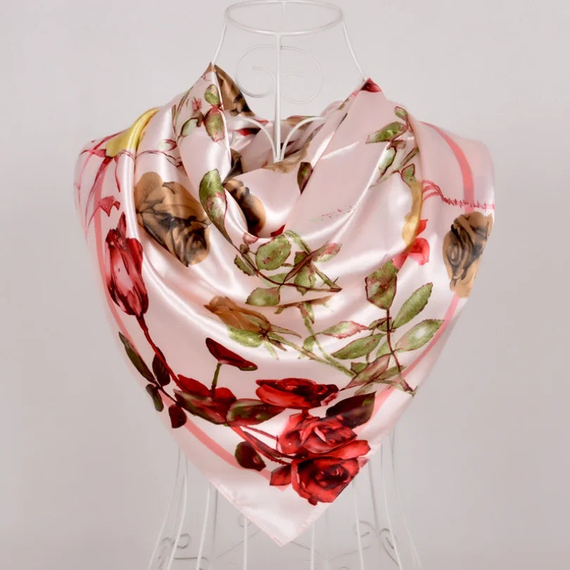 Women's Chinese Rose Satin Square Scarf – 90×90cm Silk-Style Headwrap