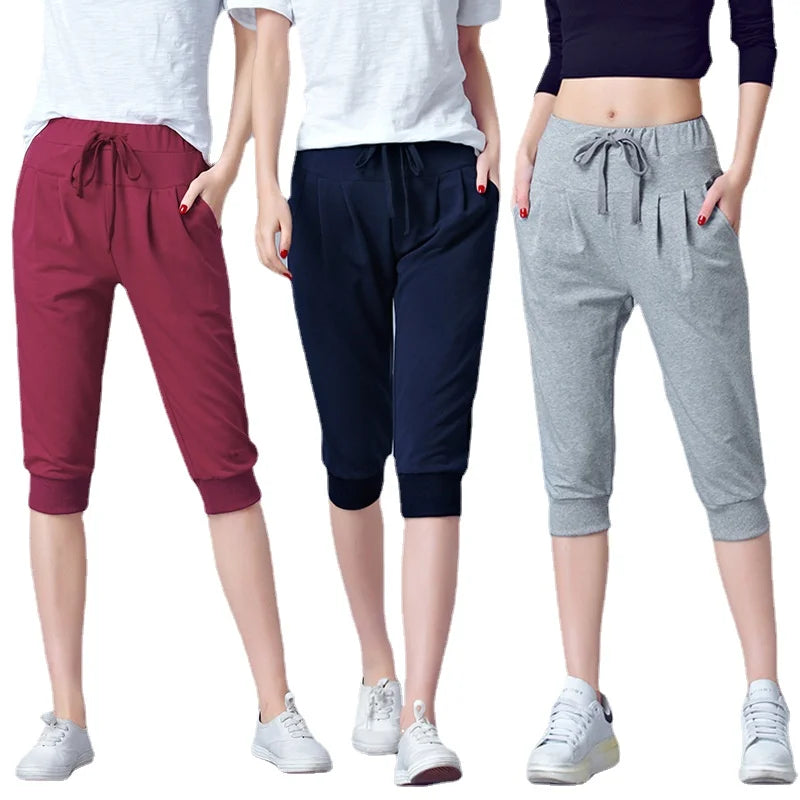 Dark Blue image – Women's dark blue high waist harem jogger pants – loose fit calf length capris