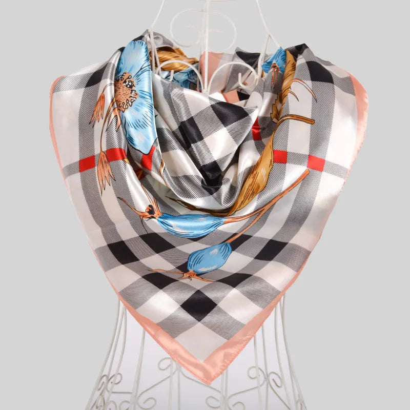 Women's Chinese Rose Satin Square Scarf – 90×90cm Silk-Style Headwrap