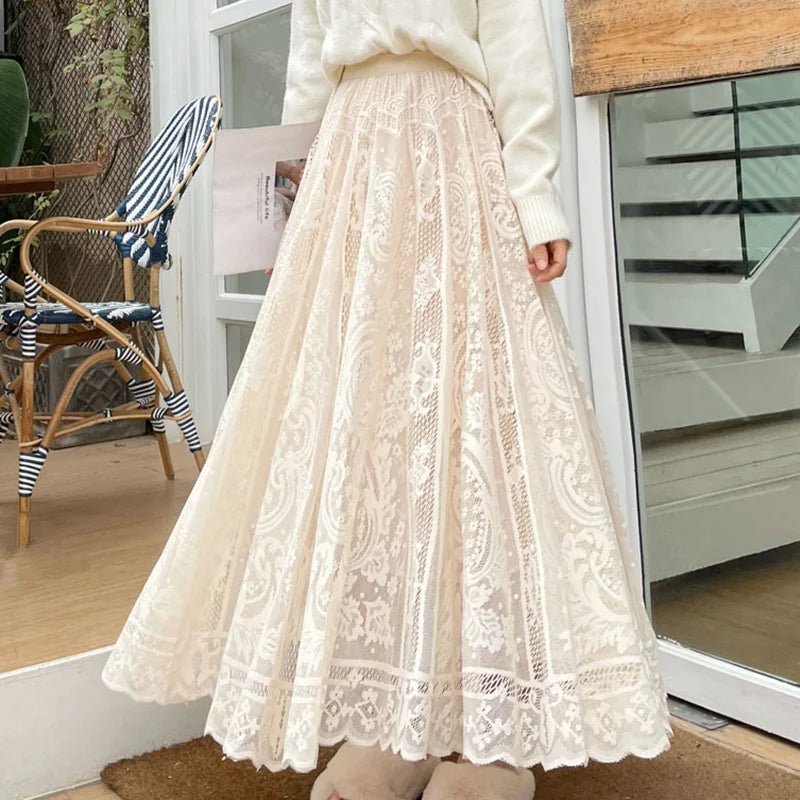 Floral Lace Maxi Skirt | Korean A-Line High Waist Skirt for Women