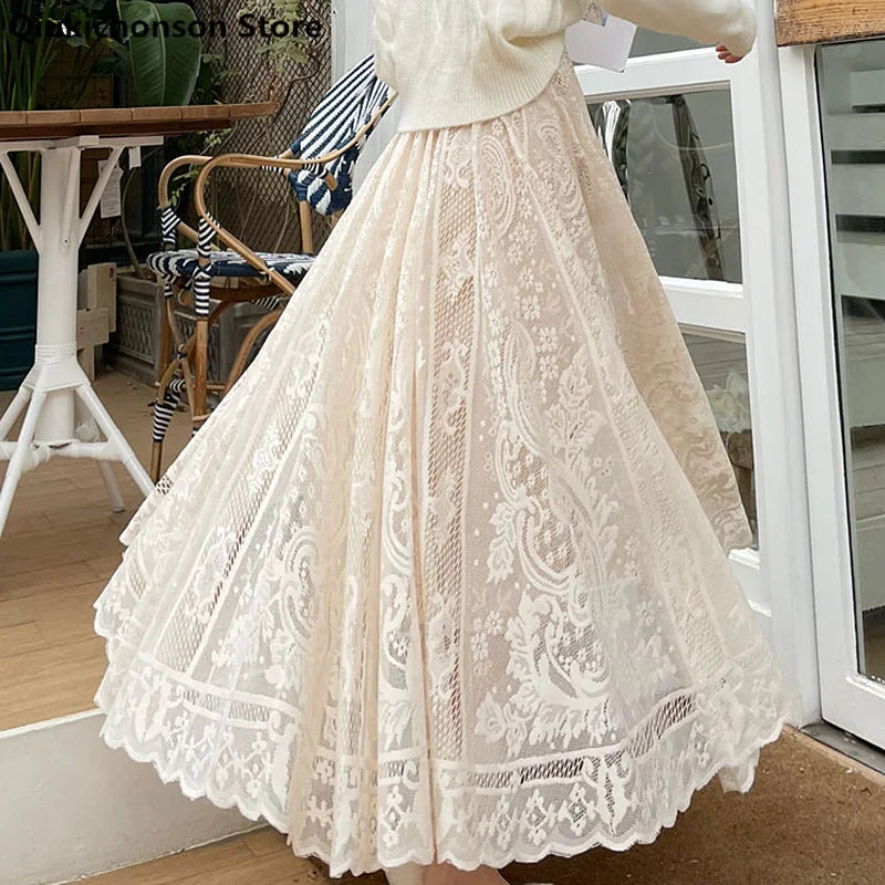 Floral Lace Maxi Skirt | Korean A-Line High Waist Skirt for Women