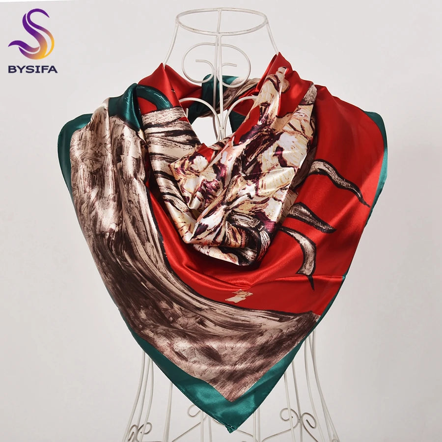 Women's Chinese Rose Satin Square Scarf – 90×90cm Silk-Style Headwrap
