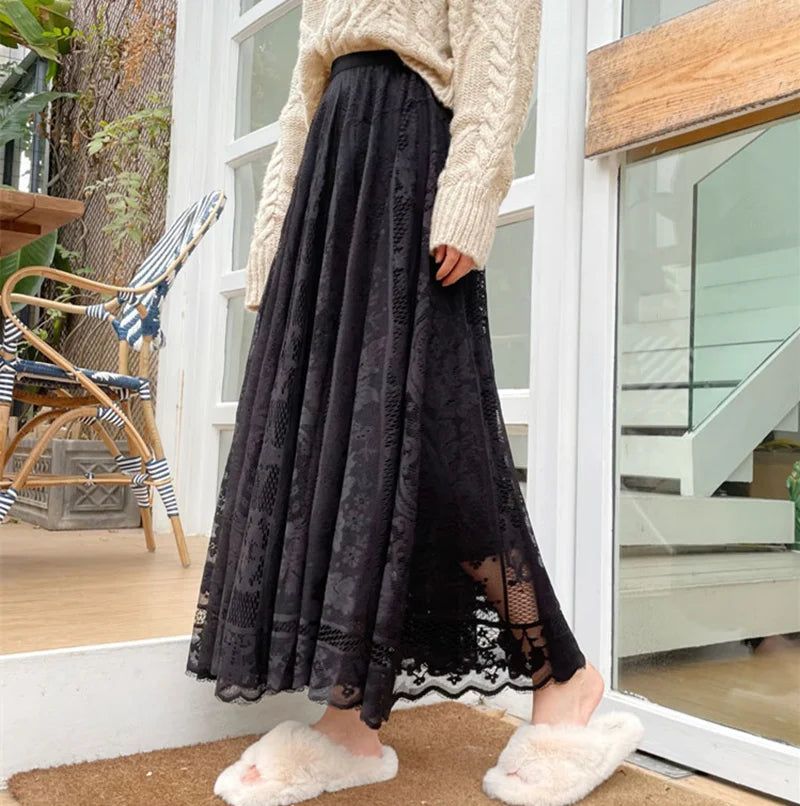 Floral Lace Maxi Skirt | Korean A-Line High Waist Skirt for Women