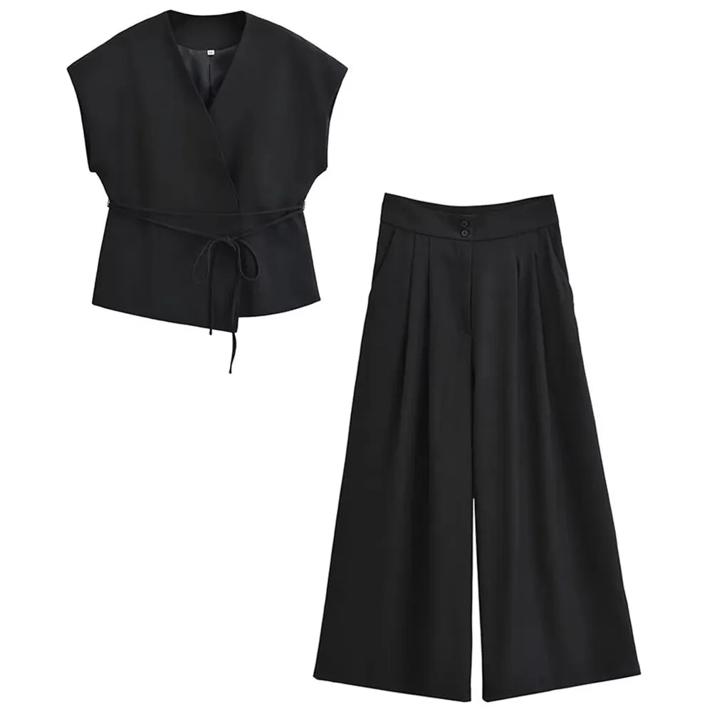 Women's Linen Co-ord Suit – V-Neck Sleeveless Vest Top & Wide Leg Trousers Set