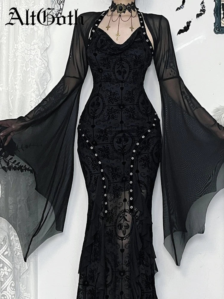 Women's Gothic Mesh Crop Blouse – Halloween Bat Sleeve See-Through Top