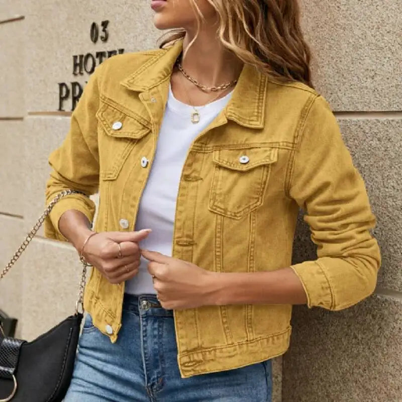 Solid Denim Jacket – Long Sleeve Casual for Women