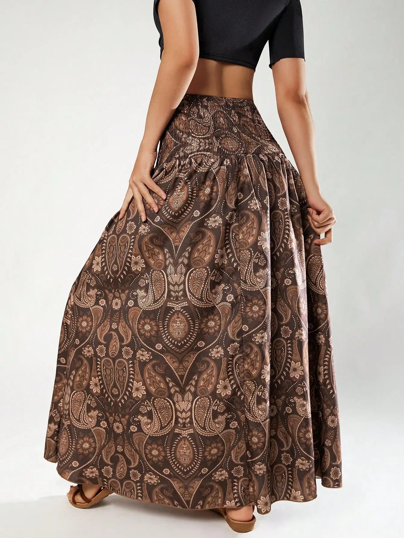 Paisley Smocked Maxi Skirt | Boho High Waist Flared Skirt for Women