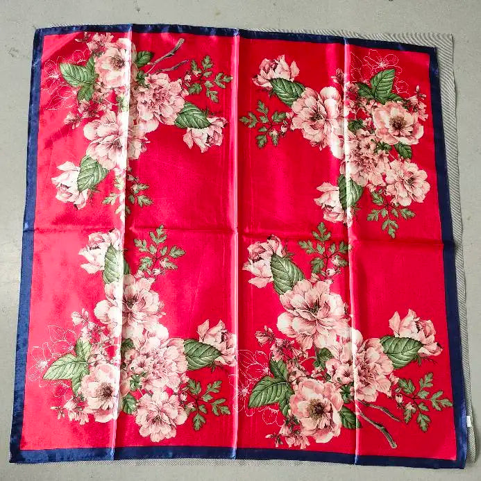 Women's Chinese Rose Satin Square Scarf – 90×90cm Silk-Style Headwrap
