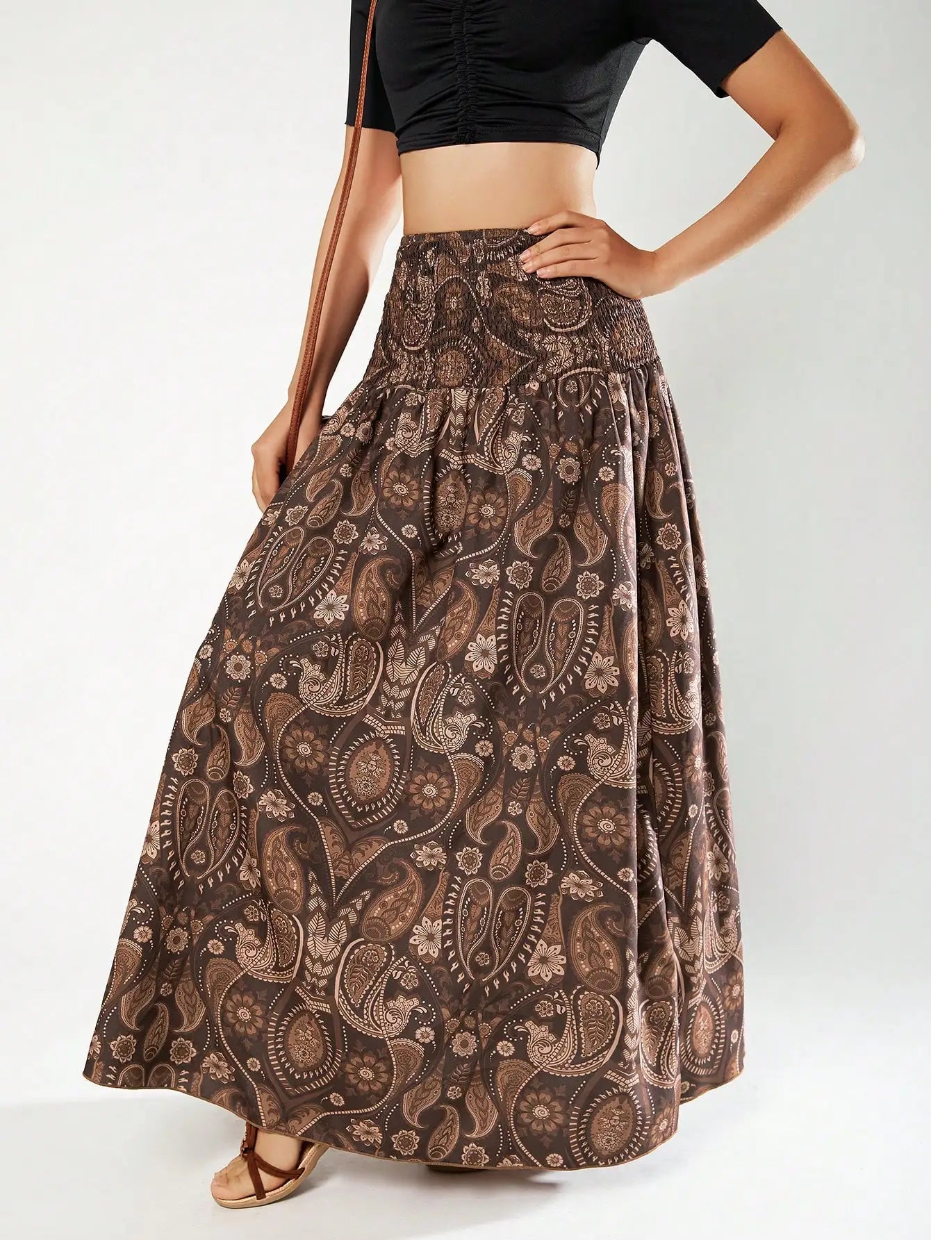 Paisley Smocked Maxi Skirt | Boho High Waist Flared Skirt for Women