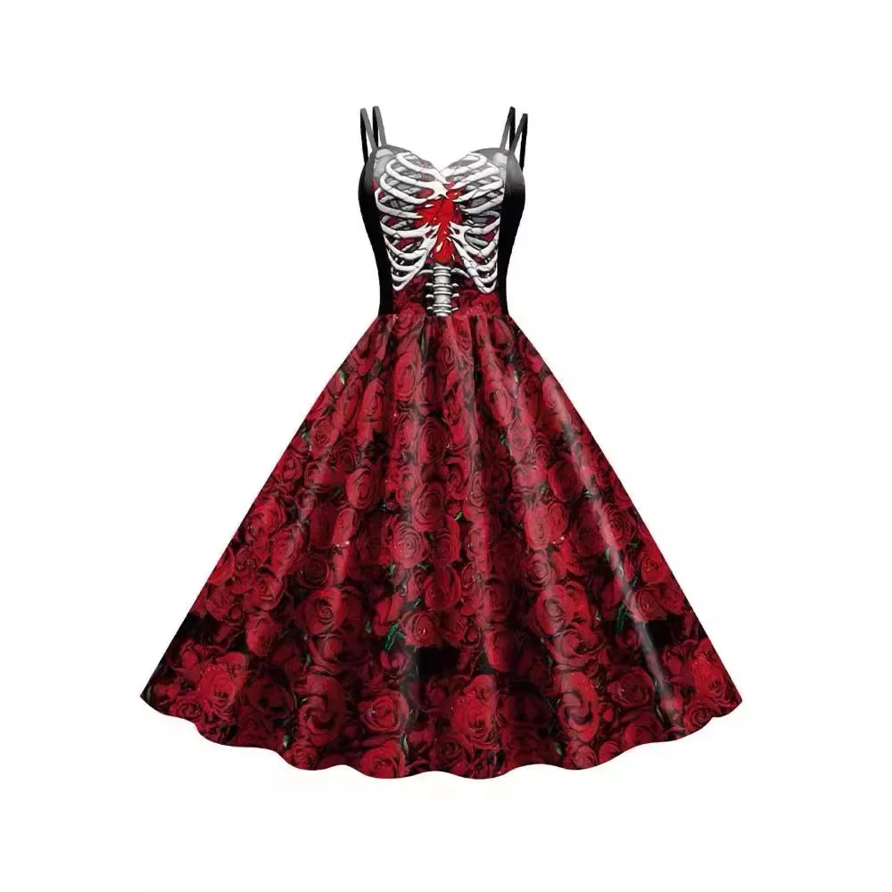 Halloween Skull Print Halter Dress | Gothic Party Dress for Women