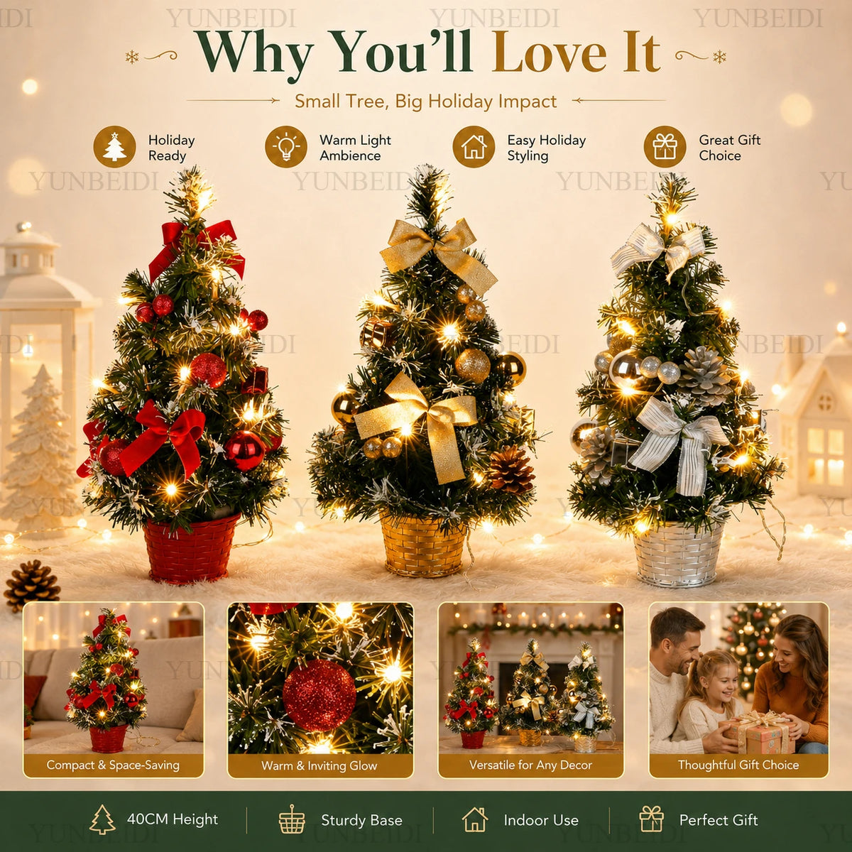 40cm Decorated LED Tabletop Christmas Tree – Gold, Red or Silver