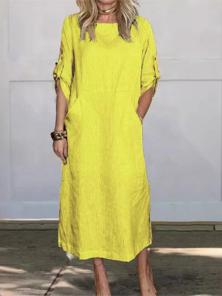 Cotton Linen Dress For Women 2026 Summer Loose Casual Solid Color Short-sleeved Pockets Long Dresses Elegant Women's Clothing