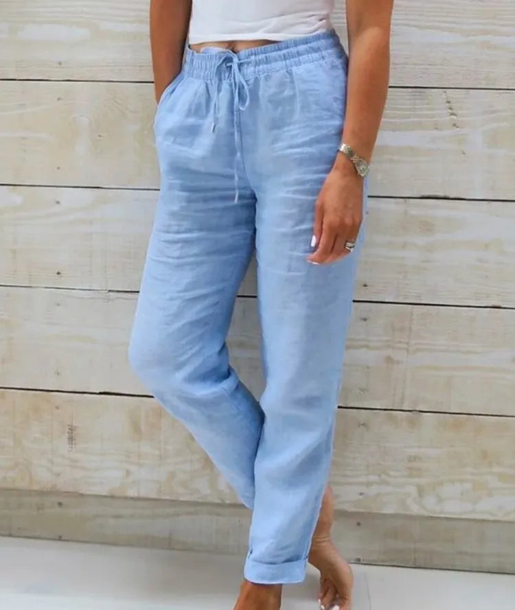 Women's Cotton Linen Casual Trousers – High Waist Elastic Waist Summer Pants