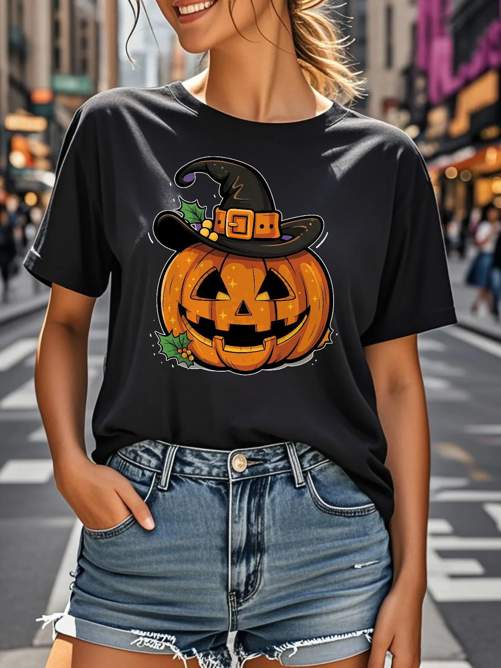 Women's Halloween T-Shirt | Pumpkin & Witch Print Short Sleeve Top