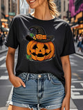 Women's Halloween T-Shirt | Pumpkin & Witch Print Short Sleeve Top