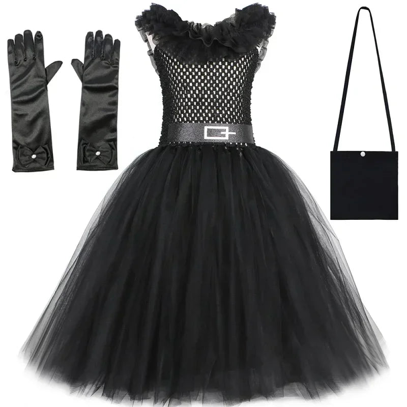 Girls Gothic Halloween Tutu Dress | Wednesday Black Lace Costume