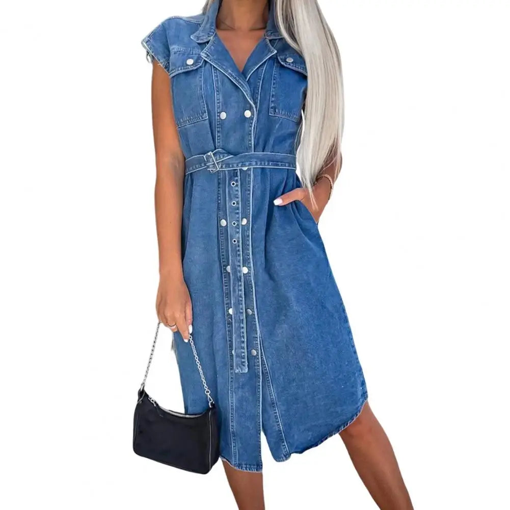Cotton Blend Dress Denim Shirt Dress for Women A-line Tie Waist Jean Dress with Lapel Button Down Summer Office Party Outfit