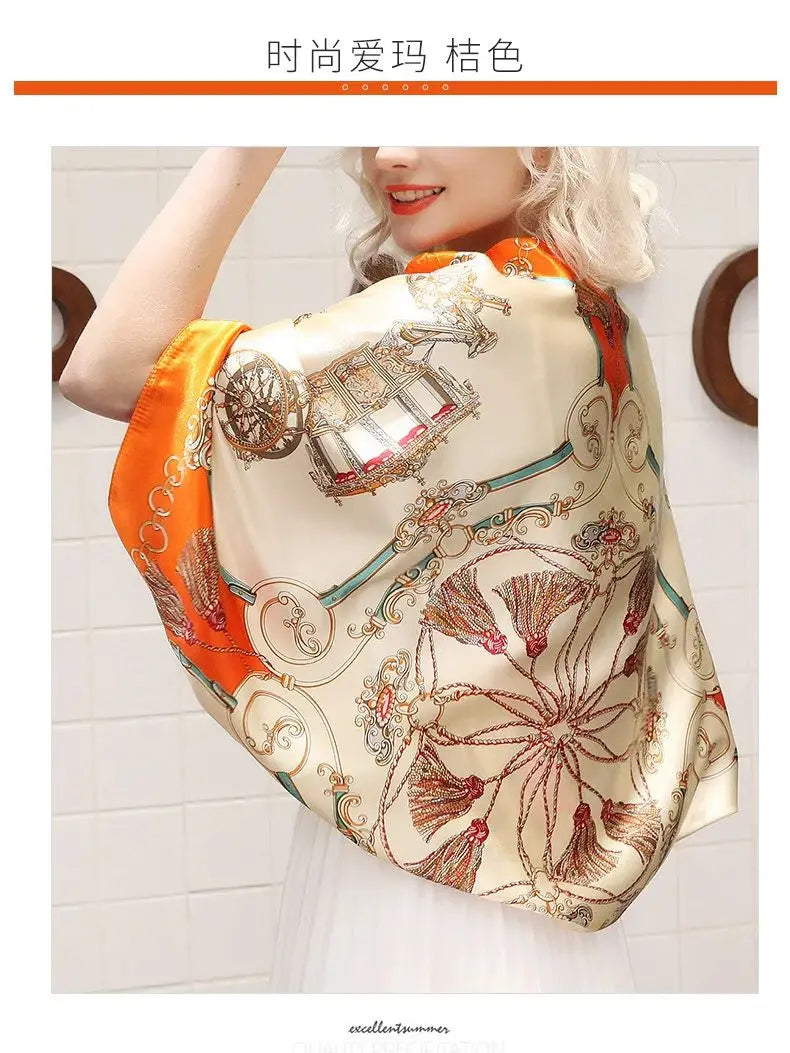 Women's Printed Square Silk Scarf – 90×90cm Headwrap & Bandana